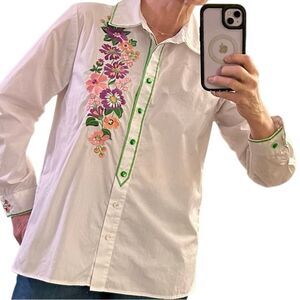 Embroidered Floral Western Cottagecore 90s Bob Mackie White Green Piping Tunic M